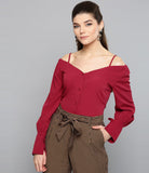 Casual Cuffed Sleeve Solid Women Maroon Top Maroon