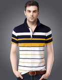 Striped Men Polo Neck Dark Blue T-Shirt Auto-Striper White-DarkNavy-Mustard